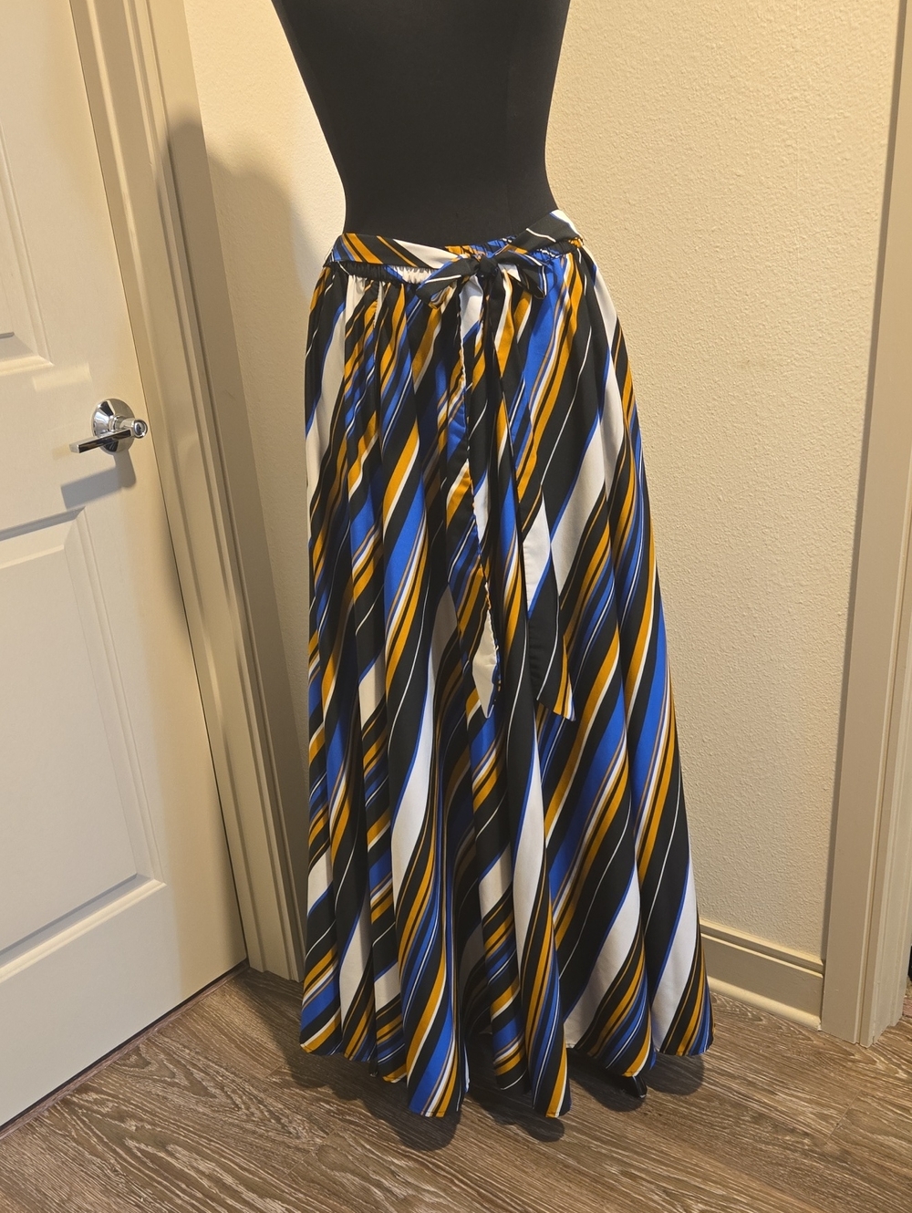 Ashley Stewart Striped Diagonal Maxi Skirt in Blue, Black, White & Gold